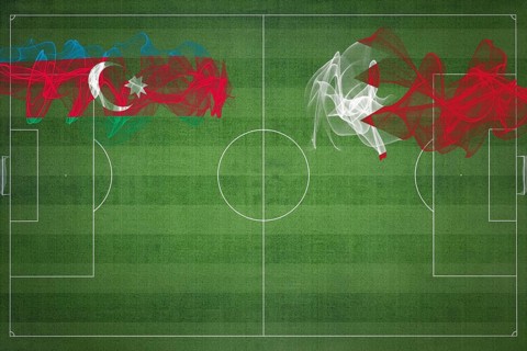 Azerbaijan vs Bahrain Soccer Match, national colors, national flags, soccer field, football game,