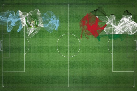 Guatemala vs Palestine Soccer Match, national colors, national flags, soccer field, football game,