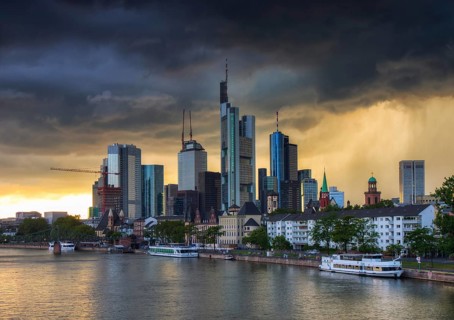 Thunderstorm over the skyline of Frankfurt, Hesse, Germany, Europe