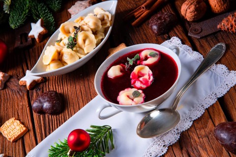 Traditional Polish Christmas Eve borscht with dumplings