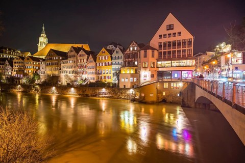 Long-term shots of the wonderful nightlife in the historic old town of Tubingen near the famous