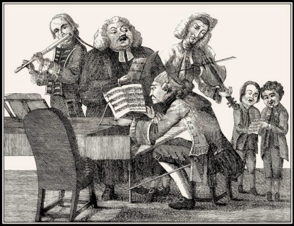 Musical group with Händel, Bach, Tartini, Gluck, Quanz, Jomelli, Caricature from the 18th century