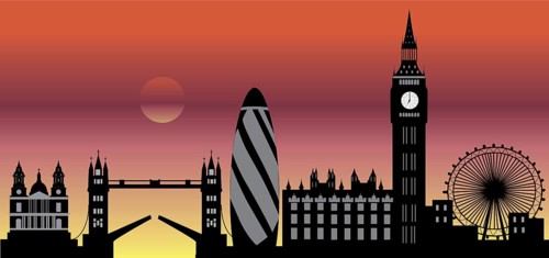 Illustration drawing of the London city skyline England with the wheel and the tower bridge by