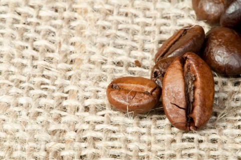 Coffee beans closeup on burlap