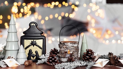 Christmas or New Year composition with various home decorations, different symbolic toys composed