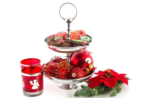 Christmas still life with silver tray chocolate and ornaments