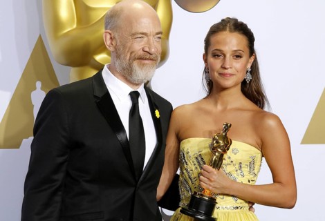 Alicia Vikander and J.K. Simmons at the 88th Annual Academy Awards, Press Room held at the Loews