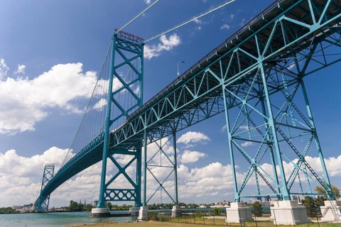 The Ambassador Bridge connecting Detroit, Michigan, USA to Windsor, Ontario, Canada, North America