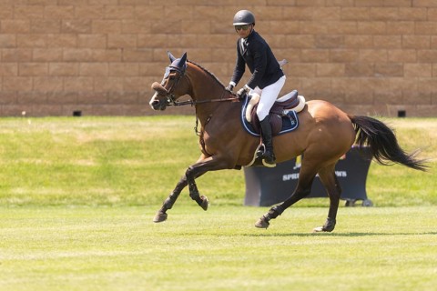 Sameh el Dahan of Great Britain, riding WKD Toronto, compete in the 1.60m Grand Prix during The