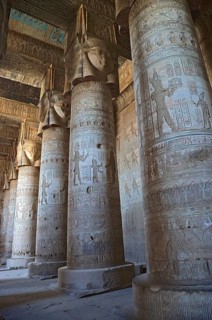 Interior of the painted and carved hypostyle hall at Dendera Temple. Ancient Egyptian temple near