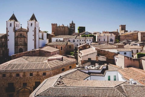Townscape of the old town of Caceres, Extremadura, Spain, with rooftops and church, Europe
