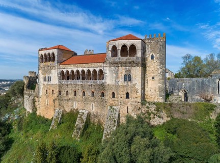 Aerial view on Medieval Templar Knights Castle built on top of a hill, Leiria, Portugal, Europe