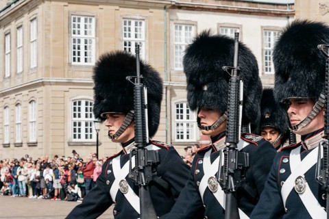Copenhagen, Denmark, August 12, 2016: Soldiers of the Danish Royal Life Guards for the changing of