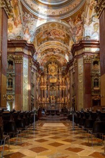 Melk, Austria, 22 September, 2022: vertical view of the ostentatious and ornate Melk Abbey church,