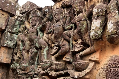 Relief on a wall of the Bayon Temple in Angkor Thom in Cambodia