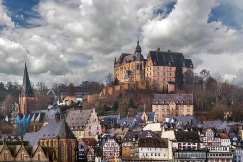 View of Marburg with castle on hill, Germany, Europe