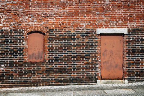 Brick wall and door, Ozu Redbrick Hall Akarenga-kan in Ehime, Shikoku, Japan, Asia