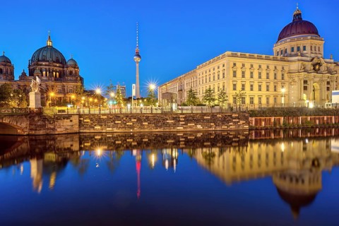 Berlin Cathedral, the famous television tower and the rebuilt City Palace by night