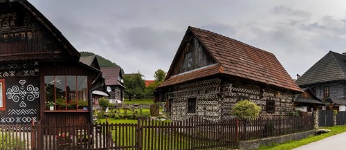 Cicimany, Slovakia, 27 September, 2022: historic timbered houses with white decorative paint in the