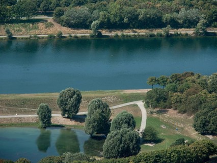 River with bank and trees, next to it a path along the shoreline, Vienna, Austria, Europe