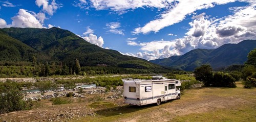 Food, Motorhome in Chilean Argentine mountain Andes. Family trip travel vacation on Motorhome RV in