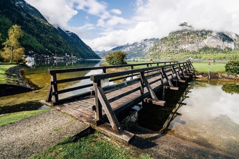Wooden bridge on Hallstatt Lake a cloudy day