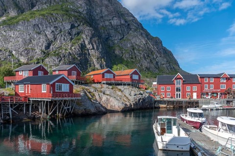 Landscape with traditional fishermen's houses, the so-called rorbuer, A i Lofoten, Moskenesoy,