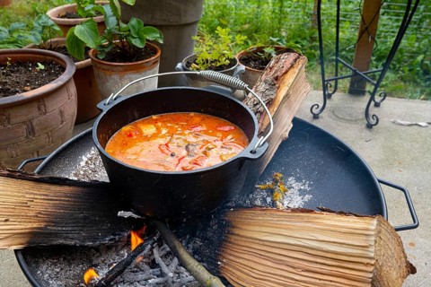 Kettle Gulash is prepared over an open fire!
