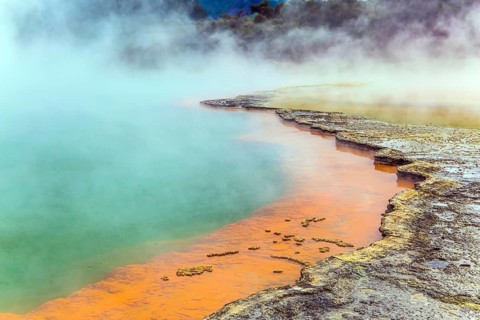 Thermal Wonderland of hot waters is Wai - O - Tapu. New Zealand, North Island. Picturesque lake of