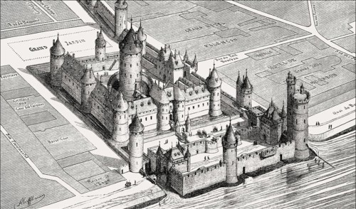 Pictorial reconstruction of the Louvre Palace in the 14th century by Fédor Joseph Hubert Hoffbauer,