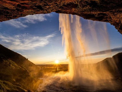 Sunset at Seljalandsfoss waterfall, South Iceland, Iceland, Europe