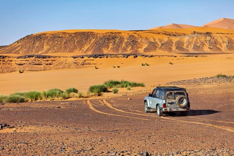 An off-road vehicle drives on unpaved lanes in a desert landscape with low vegetation, Off-road