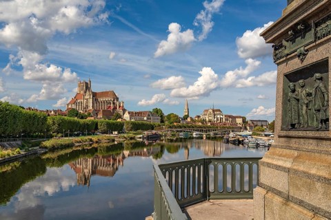 Detail of Statue of Paul Bert and town view from Pont Paul Bert, Auxerre, Yonne, France, Europe