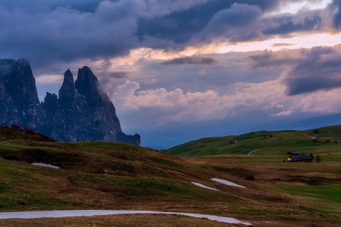 Panoramic view of Mount Sciliar from Alpe di Siusi in the Dolomites in South Tyrol, Italy, Europe
