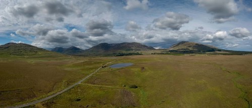 Drone panorama landscape of Connemara National Park and the Twelve Bens mountains in western