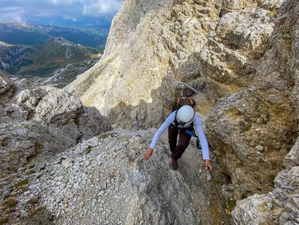 Adventurous hike up to mount Lagazuoi in the Dolomite Alps, autonomous pronvince of South Tirol in