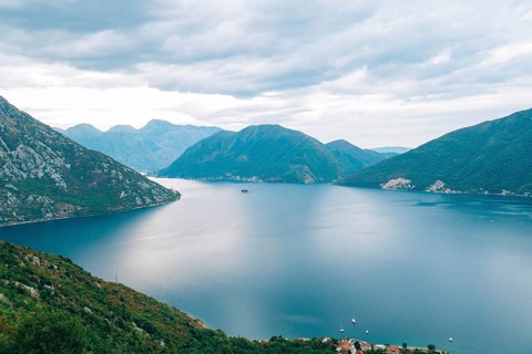 The island of Gospa od Skrpela, Kotor Bay, Montenegro. View from the high mountain above Risan