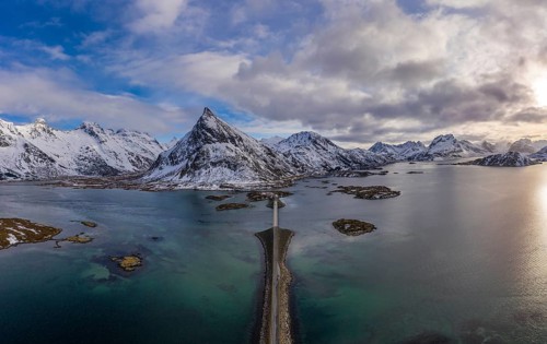 Fredvang Bridge, Car and Volandstind Mountain in Winter. Flakstadoya, Lofoten Islands, Landscape of