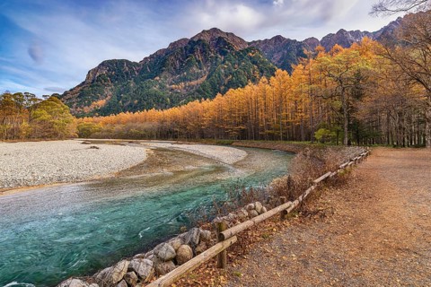 Kamikochi Japan, Nature landscape at Kamikochi Japan, autumn fall foliage with pond and mountain