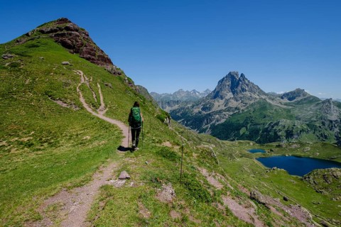 Trekker on Tour de l Ossau and Ayous lakes tour, Pyrenees National Park, Pyrenees Atlantiques,