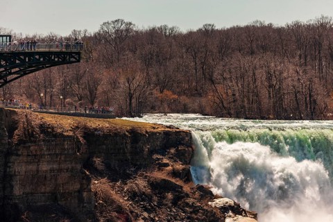 An observation platform overlooking the Bridal Veil Falls in Niagara Falls, New York, USA, North