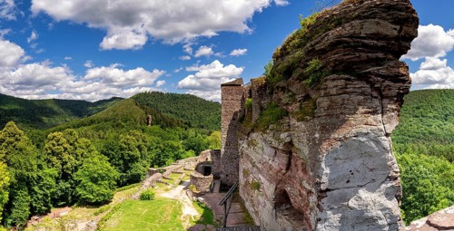 Huge rock with a ruined castle near the French village Lembach in the Vosges mountains