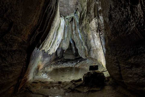 Gothic arch, formation in the stalactite cave, Ingleborough Cave, Clapham, Yorkshire Dales,
