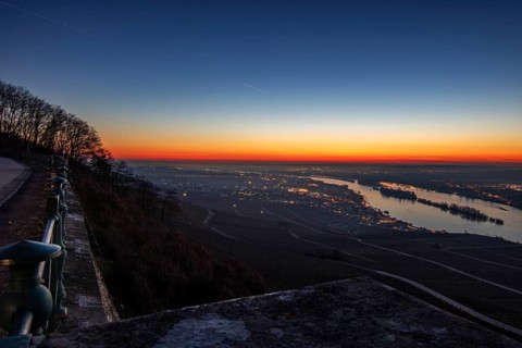 Beautiful park at sunrise on a winter morning. Beautiful view of the Rhine valley at sunrise.