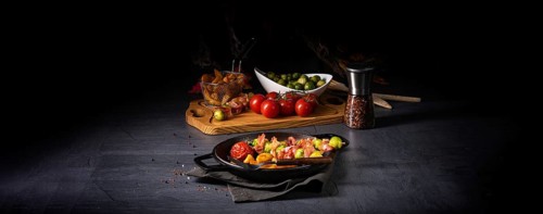 Brussels sprouts and bacon skewers with potato widgets