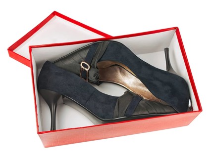 Woman classic shoes in the box over white background