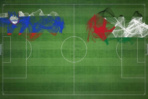 Slovenia vs Palestine Soccer Match, national colors, national flags, soccer field, football game,