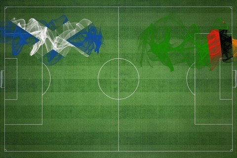 Scotland vs Zambia Soccer Match, national colors, national flags, soccer field, football game,