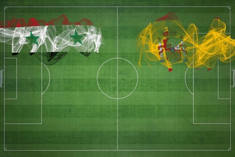 Syria vs Spain Soccer Match, national colors, national flags, soccer field, football game,
