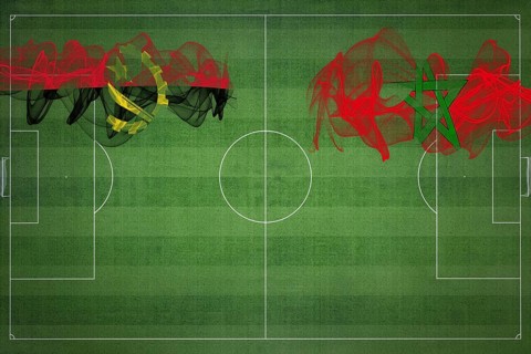 Angola vs Morocco Soccer Match, national colors, national flags, soccer field, football game,